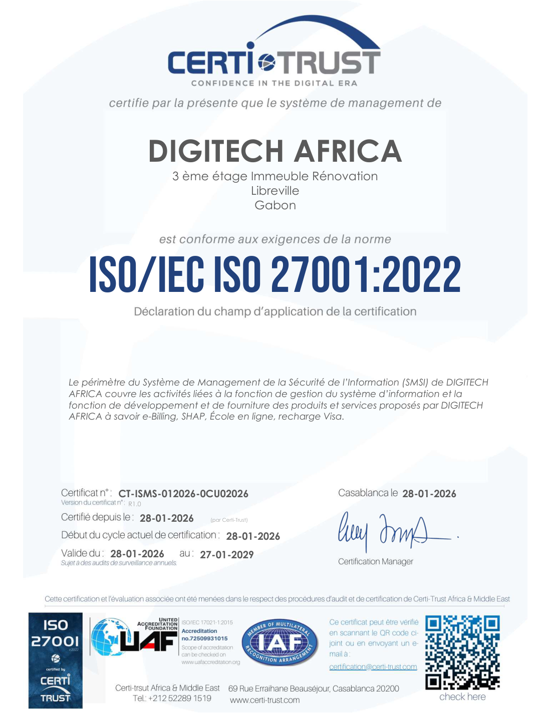Aperçu de la certification CertiTrust ISO 27001